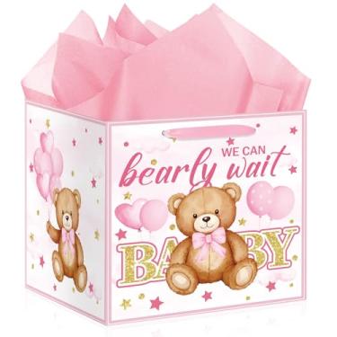 Imagem de Bolsa extra grande de 30,5 cm com urso rosa para chá de bebê, presente de aniversário para meninas We Can Bearly Wait com papel de embrulho, ursinho de pelúcia, presente para chá de bebê, artigos de