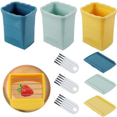 Imagem de FALESOUL 3 peças fatiador de copo com 3 peças de escovas de limpeza de lacunas de aço inoxidável cortador de frutas copo multifuncional portátil cortador de frutas ferramenta de cozinha fazer