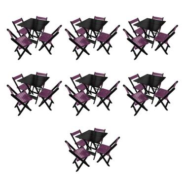 Imagem de Kit 7 Mesas De Madeira Dobrável Preto 70x70 Com 4 Cadeiras Dobráveis Roxo