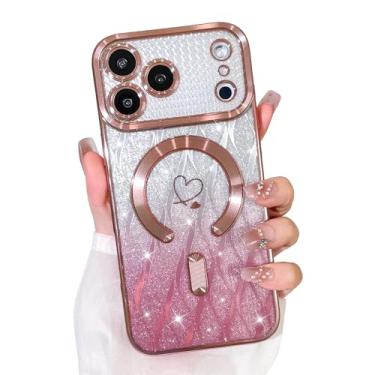 Imagem de Bonoma Capa com glitter para iPhone 17 Pro [compatível com MagSafe], capa brilhante com estampa de folhas magnéticas de coração de amor, proteção para câmera, capa traseira macia e brilhante para