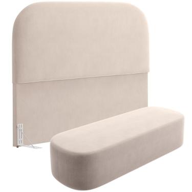 Imagem de Cabeceira Cama Box Queen 160cm Lanna com Puff Recamier Doha W01 Suede Bege - Lyam Decor