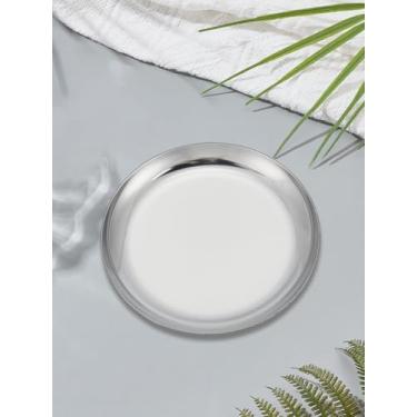 Imagem de Bandeja de joias com 2 peças, pratos de aço inoxidável de prata redonda plana, bandeja de penteadeira para cômoda, Natal, aniversário, casamento, presentes ou decoração de casa, 10 x 1 cm