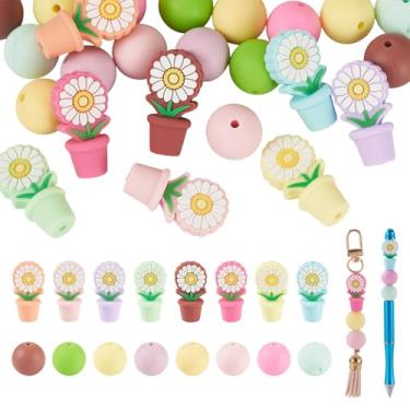 Imagem de Beadthoven 24 peças 3D vaso de margaridas contas focais de silicone para canetas, esferas redondas de 15 mm, contas de silicone coloridas em vasos de plantas, espaçadores de borracha para chaveiro
