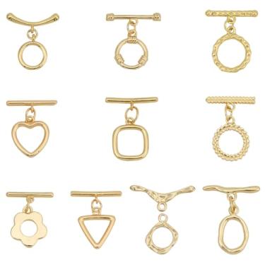 Imagem de SUNNYCLUE 1 caixa com 10 conjuntos de fechos de metal banhado a ouro 18 K real com fecho de barra em T, círculo redondo, flor, coração, triângulo, fixador, gancho, fecho para colar, pulseira para