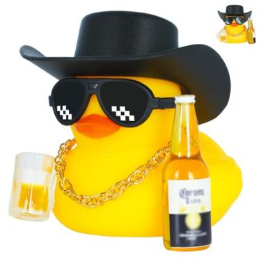 Imagem de Conjunto de mini pato de borracha com chapéu de cowboy (inclui mini chapéu, copos de mosaico, colar dourado, caneca de cerveja e garrafa de cerveja), com fita para decoração de carro, ornamentos de
