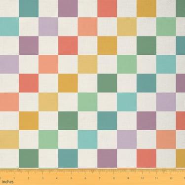 Imagem de Tecido retrô quadriculado multicolorido infantil meninos meninas geométrico vintage tecido estofado para cadeiras sofá sofá verde amarelo colorido para projetos de bricolage em casa, decoração à prova