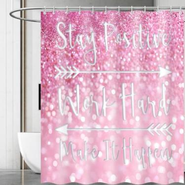 Imagem de Wknoon Cortina de chuveiro de tecido 183 cm x 182 cm com ganchos premium - Stay Positive Work Hard and Make It Happen Inspirational Quote Pink Glitter Design, impermeável e lavável para banheiro