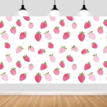 Imagem de Pano de fundo de morango para meninas, chá de bebê, decoração de festa para recém-nascidos, cenário fotográfico de aniversário de morango, decoração de mesa de bolo, adereços de cabine de fotos