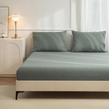 Imagem de JIYUAN Jogo de lençol Queen 100% algodão lavado, confortável, macio e respirável, lençol com elástico profundo (serve em colchões de até 43 cm) + 2 capas, verde mesclado