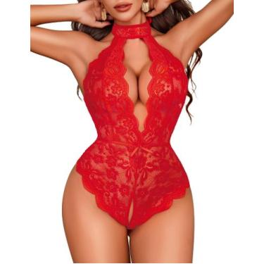 Imagem de Lingerie Avidlove Halter Lace Body com decote em V, pelúcia vermelha M