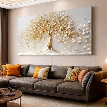 Imagem de Quadro Decorativo Grande para Sala Arvore da Vida Gold Abstrato Dourado Quarto Hall Luxo Horizontal Decoração Parede Tela Escritório (130x70 cm)