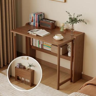 Imagem de Yadlan Foldable Homework Desk for Kids, Toddler Study Table with Storage, Solid Wood Kids' Desks, Children Study Table with Bottom Storage Shelf, Folding Study Small Student Desk Walnut Color 80cm