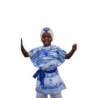 Imagem de Fantasia Gandhy Infantil carnaval Traje Tradicional Infantil Azul e Branco, Vestimenta Cultural com Turbante Decorado, Roupa de Festival para Crianças