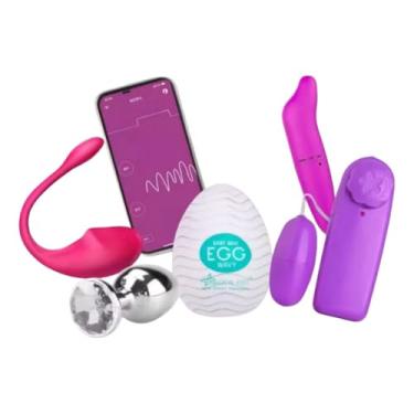 Imagem de Kit Sex Super Sensações 5 em 1, Vibrador Feminino Bluetooth, Silicone, Vermelho, 10 Modos, Resistente à Água, Inclui Plug, Egg, Golfinho e Bullet