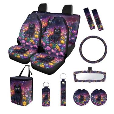 Imagem de Suobstales Conjunto de 13 capas de assento de carro Galaxy Cat Daisy Print com capa de volante universal, capa de espelho retrovisor, lata de lixo de carro, almofadas de cinto de segurança,