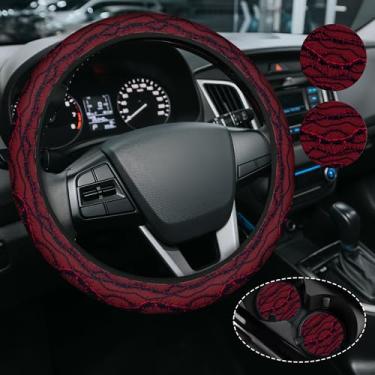 Imagem de Capa de volante Red Thorns para mulheres e homens, antiderrapante de alta elasticidade, acessórios de carro, capas de volante, universal de 38 cm para carros, SUVS, inclui 2 porta-copos de cerâmica