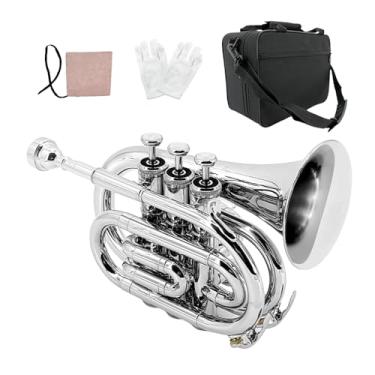 Imagem de ModouString Trompete de bolso Bb com estojo, bocal, pano de limpeza, instrumentos musicais de latão para estudantes e iniciantes (prata)