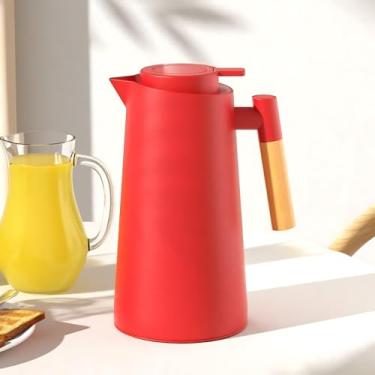 Imagem de Garrafa Térmica Premium, Inox e Plástico com Cabo de Madeira, 1 Litro, Tampa Rosqueável, Design Moderno, 25cm x 12.5cm, Vermelha, para Café e Chá