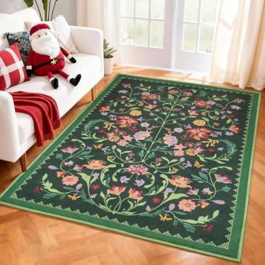 Imagem de Tapetes laváveis de 1,5 x 2,4 m – Tapete boho floral verde floresta, resistente a manchas, antiderrapante, vintage, para sala de estar de alto tráfego, sala de jantar, quarto