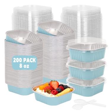Imagem de DeziWood Pacote com 200 mini formas de bolo de 227 g com tampas, formas de bolo individuais com tampas e colheres, copos quadrados de folha de alumínio para brownie de ramekins muffin cupcake