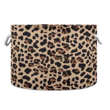 Imagem de JUZIHAI Cesta de armazenamento dobrável com textura de pele de leopardo, cesto de roupa suja para bebê, cobertor com alças de corda de algodão, caixa organizadora de armário dobrável para quarto