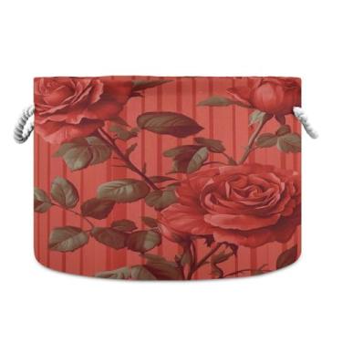 Imagem de JUZIHAI Roses Caixa de armazenamento grande para o Dia dos Namorados, cesto de roupa suja dobrável à prova d'água com alças de corda de algodão para organização doméstica no quarto, banheiro e carro