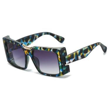 Imagem de HCHES Óculos de Sol Retangulares Femininos com Armação Grossa e Estampa Degradê de Leopardo, Estilo Casual e Masculino, Proteção UV400 (Leopardo Verde)