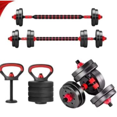 Imagem de Kit de Treino Funcional 10kg, Conjunto Completo com Halteres, Barra de Supino e Kettlebell, Preto, com 2 Alças Kettlebell, 5 Travas de Segurança, Base e Anilhas de 1kg e 1,25kg