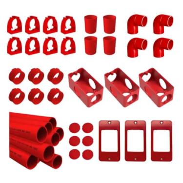 Imagem de Kit Instalação Elétrica Aparente 3/4", 36 Peças, Preto, PVC, com Abraçadeiras, Adaptadores, Caixas, Eletrodutos, Joelhos, Luvas e Placas 3 Teclas (Vermelho)