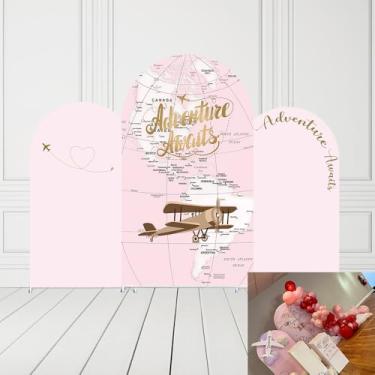 Imagem de Capas de elastano para decoração de festa de aniversário rosa de aventura Awaits Begins avião piloto mapa de viagem crianças chá de bebê decorações de festa (g3660, 2 x 1 m)