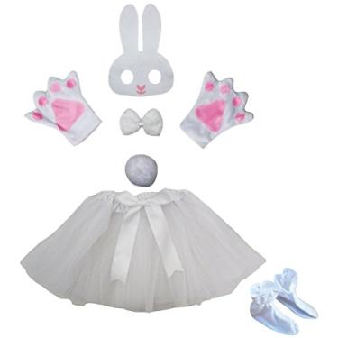 Imagem de Petitebella Máscara de coelho com laço e luvas tutu para cauda, 6 peças, fantasia 1-5 anos (branco, tamanho único)
