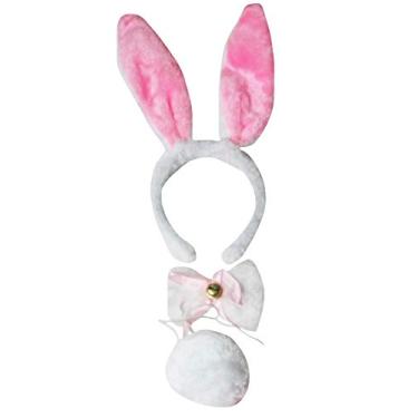 Imagem de Petitebella Tiara de orelha de coelho com cauda de gravata borboleta (branco/rosa, tamanho único)