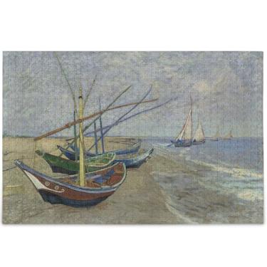 Imagem de Vangogh Quebra-cabeça de praia barcos de pesca 500 peças adulto família elefante branco presentes quebra-cabeças duros para adultos cenário personalizado arte animal, 52 cm x 37,8 cm