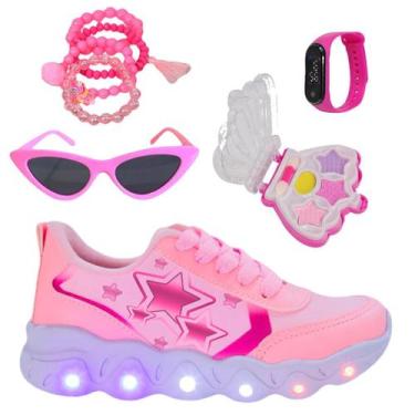 Imagem de Tênis Led Infantil Feminino Casual Jogging Estrela Coração Rosa +Óculo