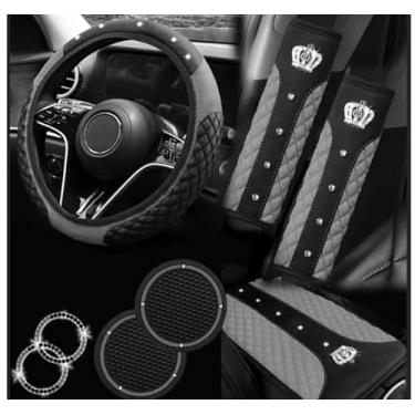 Imagem de NBTEPEM Conjunto de acessórios de carro com 6 peças, capas de volante de couro universais de 36,8 a 38 cm, capa de console central, almofada de cinto de segurança, porta-copos (cinza)