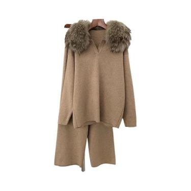 Imagem de Conjunto De Suéter De Tricô Feminino Primavera Outono Com Gola De Pele
