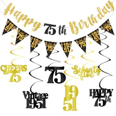 Imagem de Decorações de aniversário de 75 anos para homens, faixa dourada preta feliz 75º aniversário redemoinhos pendurados vintage 1951 kit de decorações para homens e mulheres, brinde a 75 artigos de festa
