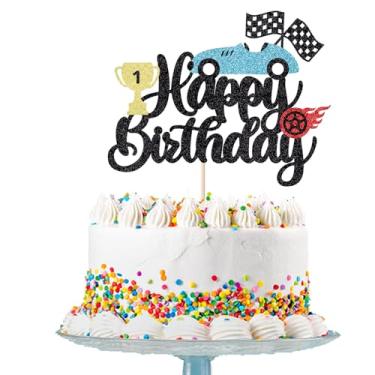 Imagem de Topo de bolo de carro de corrida tema bandeira quadriculada suprimentos de festa de aniversário tema de carro de corrida infantil decoração de festa de aniversário