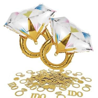 Imagem de KATBUU Conjunto de decorações de festa de noivado - 2 balões gigantes de anel de diamante + mesa de confetes dourados, artigos de noivado e festa de casamento para chá de panela, despedida de solteira
