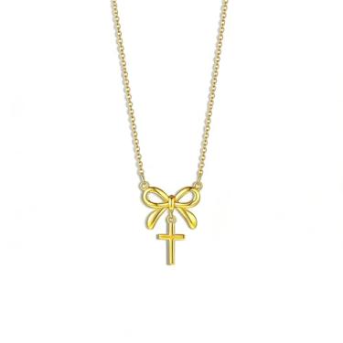 Imagem de LKANF Colar de cruz para mulheres, colar delicado com pingente de cruz banhado a ouro 14 K, gargantilha simples e fofa de cruz de prata para presentes de Páscoa, fé religiosa, cristã, joias