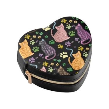 Imagem de Burbuja Caixa de joias em forma de coração de gatos com estampas de patas, mini estojo de viagem para mulheres e meninas, organizador portátil de armazenamento para brincos, anéis, colares e pulseiras