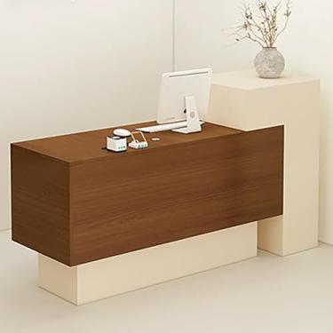 Imagem de Mesa de recepção moderna com gavetas trancáveis, orifício para cabos e prateleiras de armazenamento abertas - Mesa de caixa de varejo para escritório ou loja de varejo - balcão frontal grande (marrom