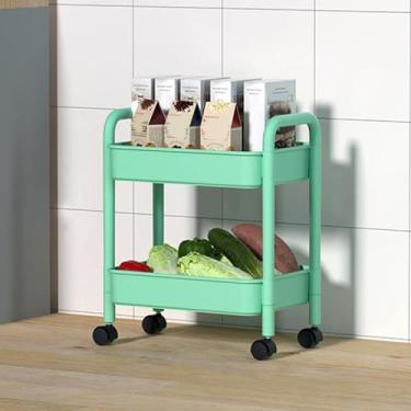 Imagem de Carrinho de armazenamento verde de 2 níveis - Carrinho organizador de cozinha e banheiro com alça e rodas bloqueáveis para espaços pequenos - Carrinho utilitário para uso doméstico e escritório
