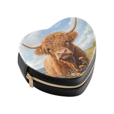 Imagem de Burbuja Caixa de joias Highland Cow Wildflowers em forma de coração, mini estojo de joias de viagem para mulheres e meninas, estojo portátil organizador de armazenamento para brincos, anéis, colares e