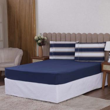 Imagem de Jogo de Lençol Beatriz Solteiro 2 Peças Percal 180 Fios 100% Algodão Ponto Palito - Azul Marinho