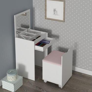 Imagem de Penteadeira Quarto Compacta com Espelho 1 Gaveta e Puff MDP Branco/Tec