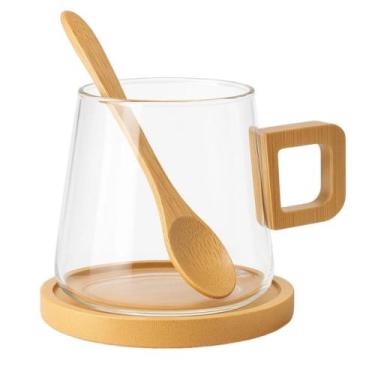 Imagem de Xícara de Vidro com Alça de Bambu Pires e Mini Colher 300ml - GENERIC