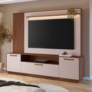 Imagem de Estante Home 2,00m para Tv até 65" Detalhes Curvos e Ripados Avelã/ Off