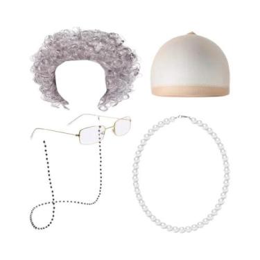 Imagem de Conjunto De Fantasia De Vovó, Peruca Sintética, Óculos, Colar De Pérol