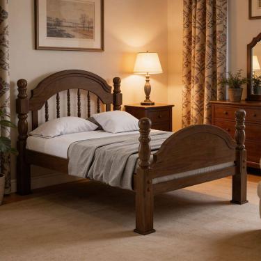 Imagem de Cama Casal Em Madeira Maciça Torneada Peseira Alta 140cm Eliabe B07 Castanho - Lyam Decor